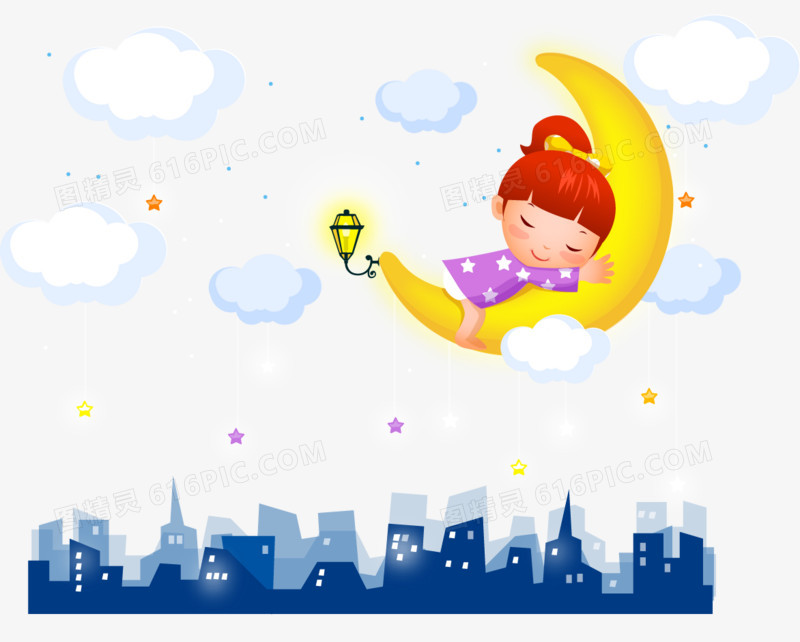 抱着月亮安睡的小女孩插画矢量图