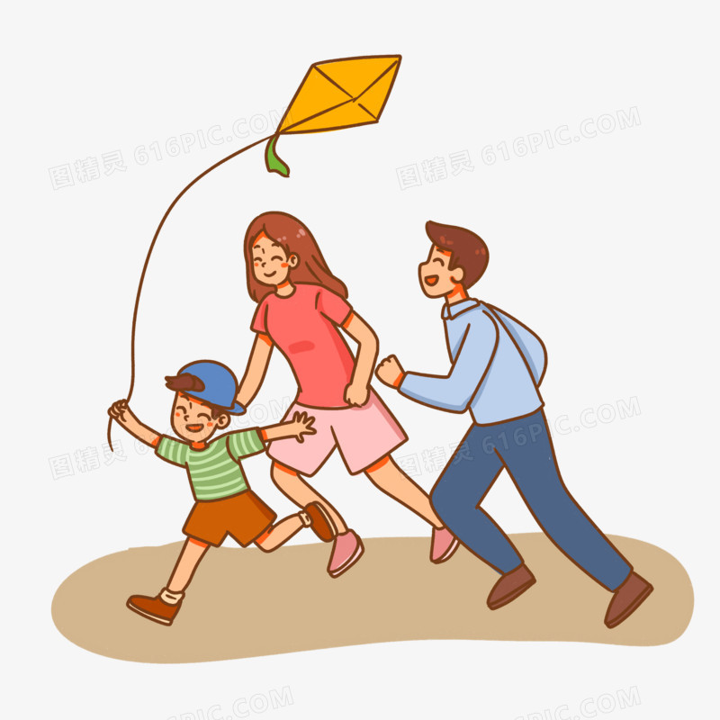 手绘卡通一家人一起放风筝素材