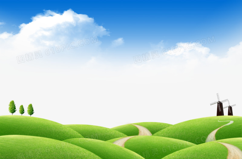 连绵起伏的绿色草地方案背景，蓝天，大自然