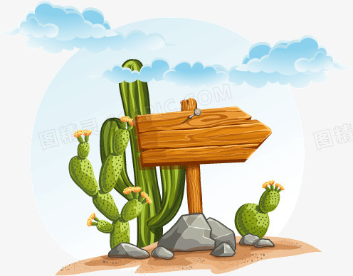 卡通沙漠仙人掌植物指示牌矢量素材