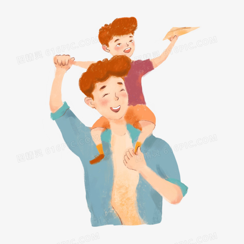 卡通手绘孩子坐在父亲肩上面孔库素材