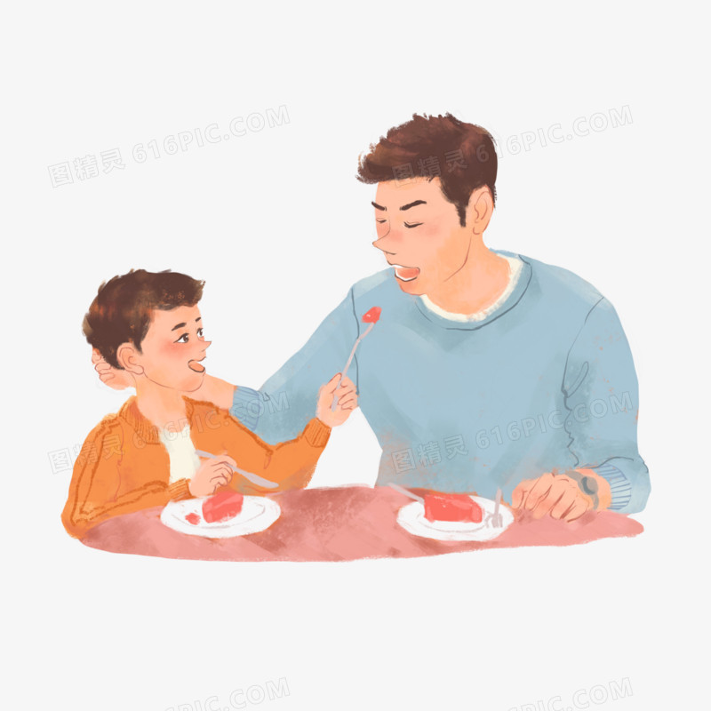 卡通手绘孩子喂爸爸吃东西场景素材