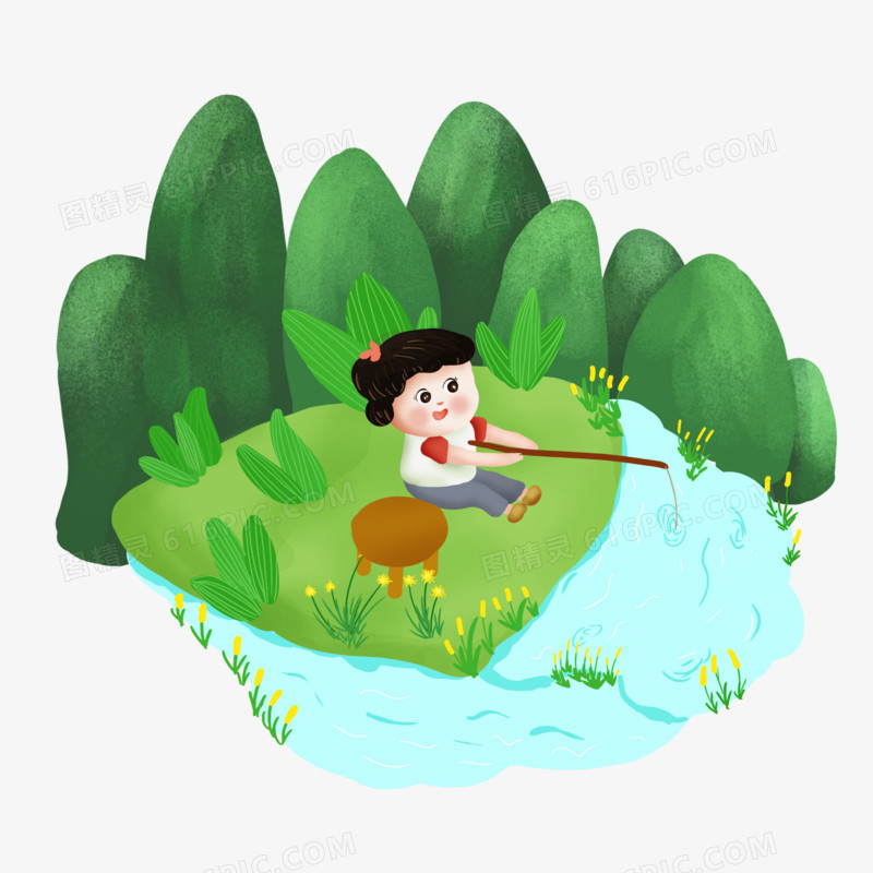 卡通手绘小女孩钓鱼场景元素
