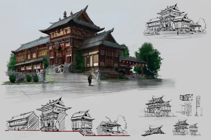 古典传统建筑手绘插画