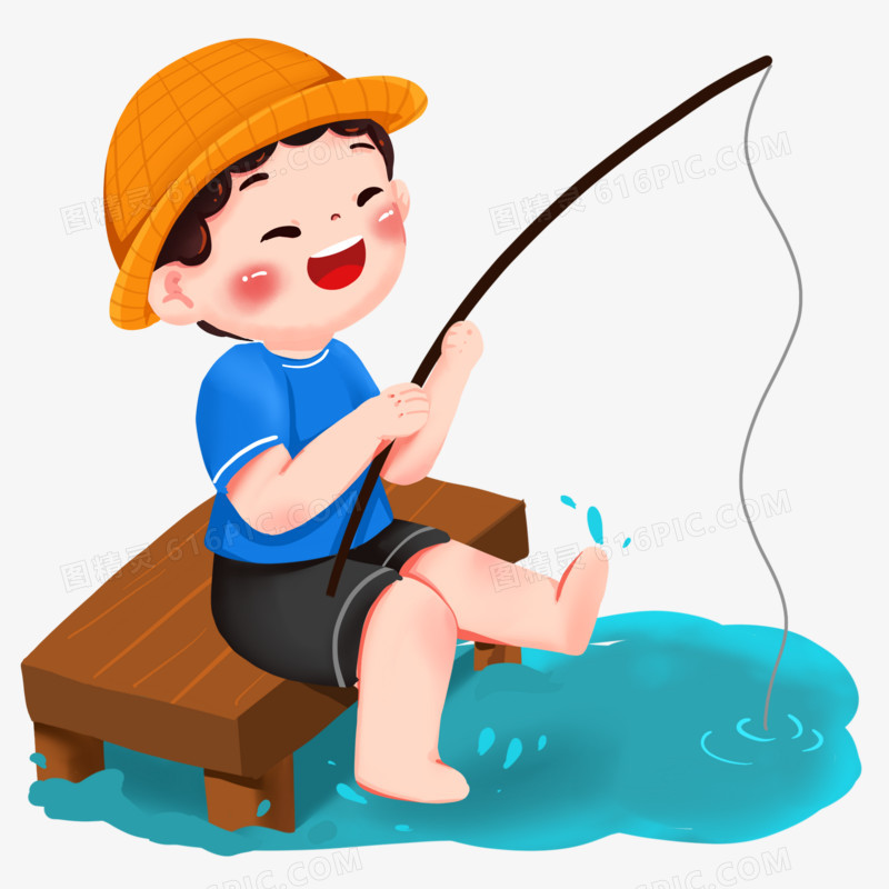 卡通手绘小男孩夏季河边垂钓免抠素材