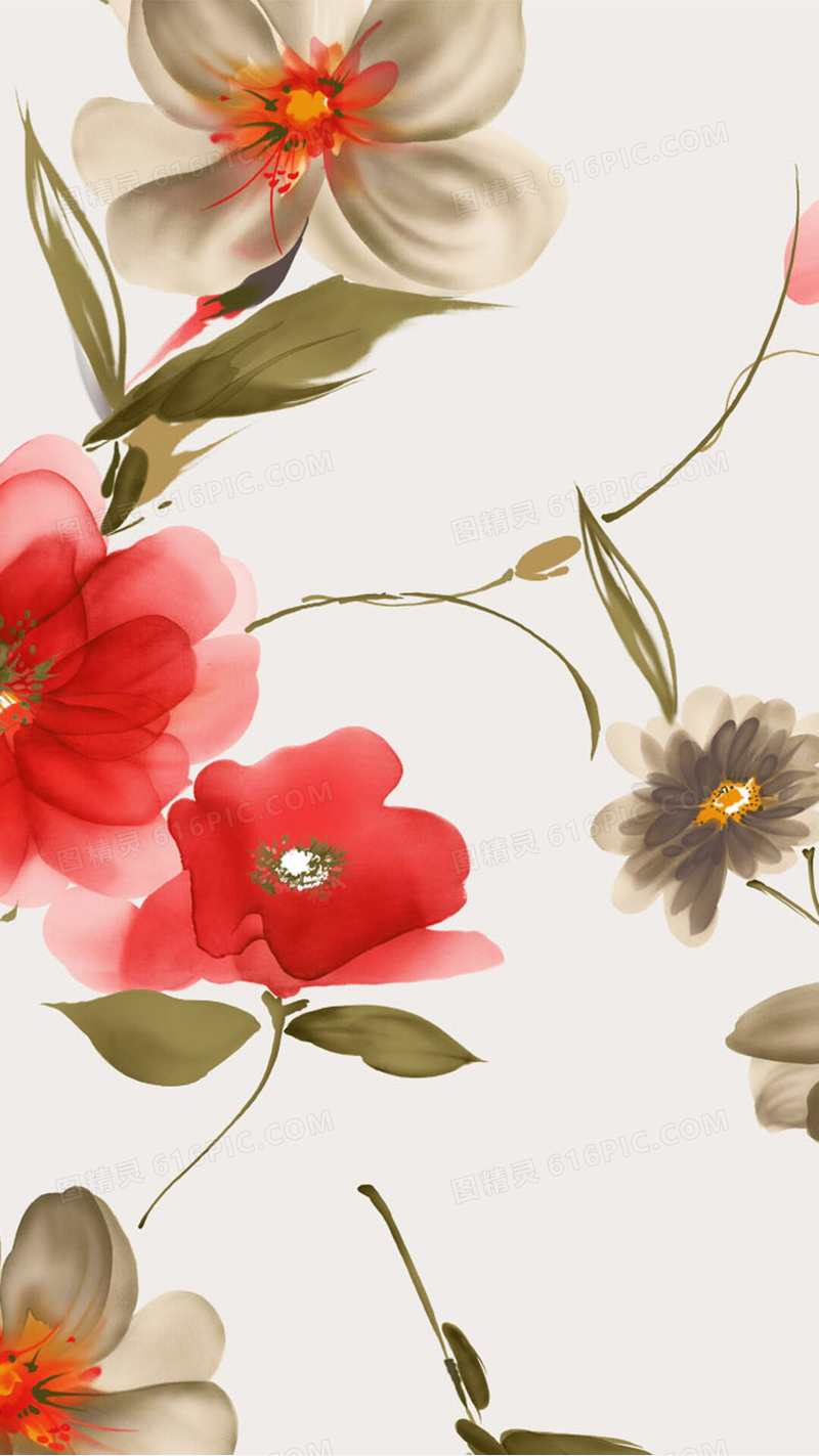 彩绘水墨风格红色花朵