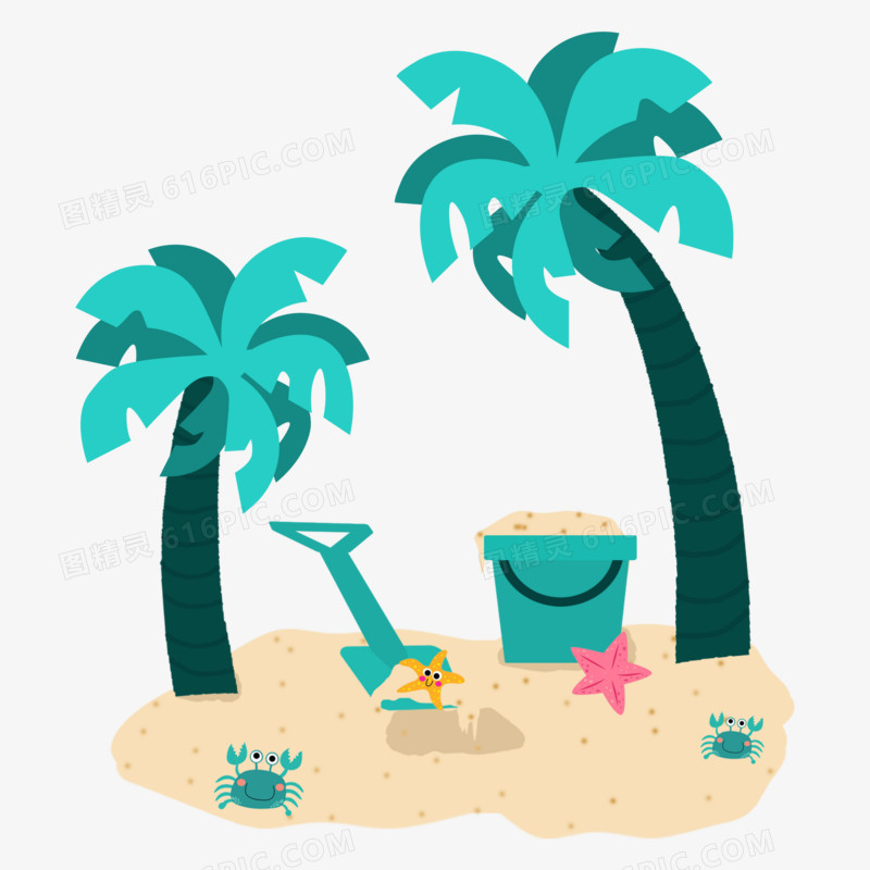 卡通手绘夏日沙滩椰子树元素