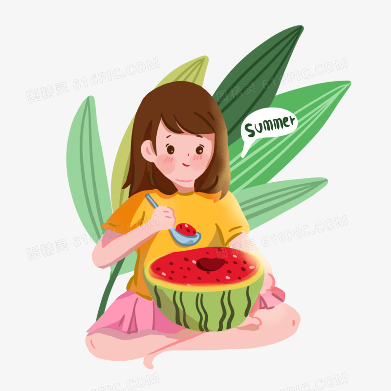 手绘小女孩吃西瓜元素