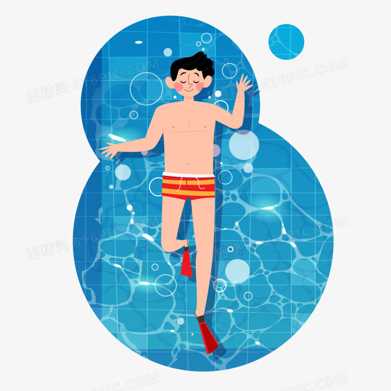 手绘男孩躺在水里凉爽度夏免抠元素