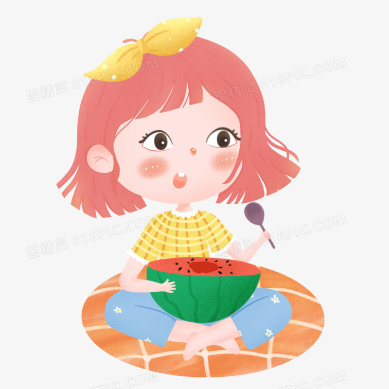 卡通手绘小女孩吃西瓜免抠元素