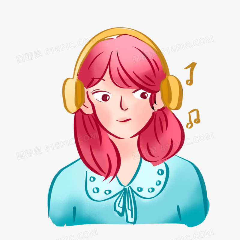 手绘女孩头戴耳机听音乐免抠元素