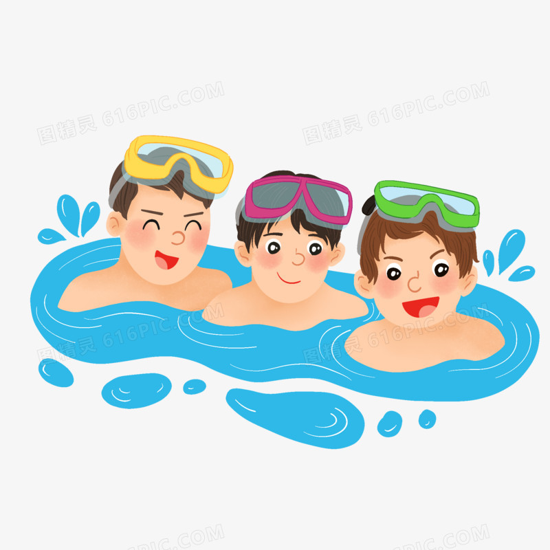 卡通手绘三个小男孩一起玩水免抠元素