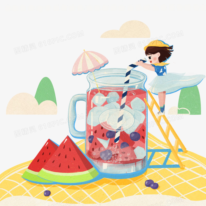手绘创意夏天冰镇西瓜汁免抠插画素材