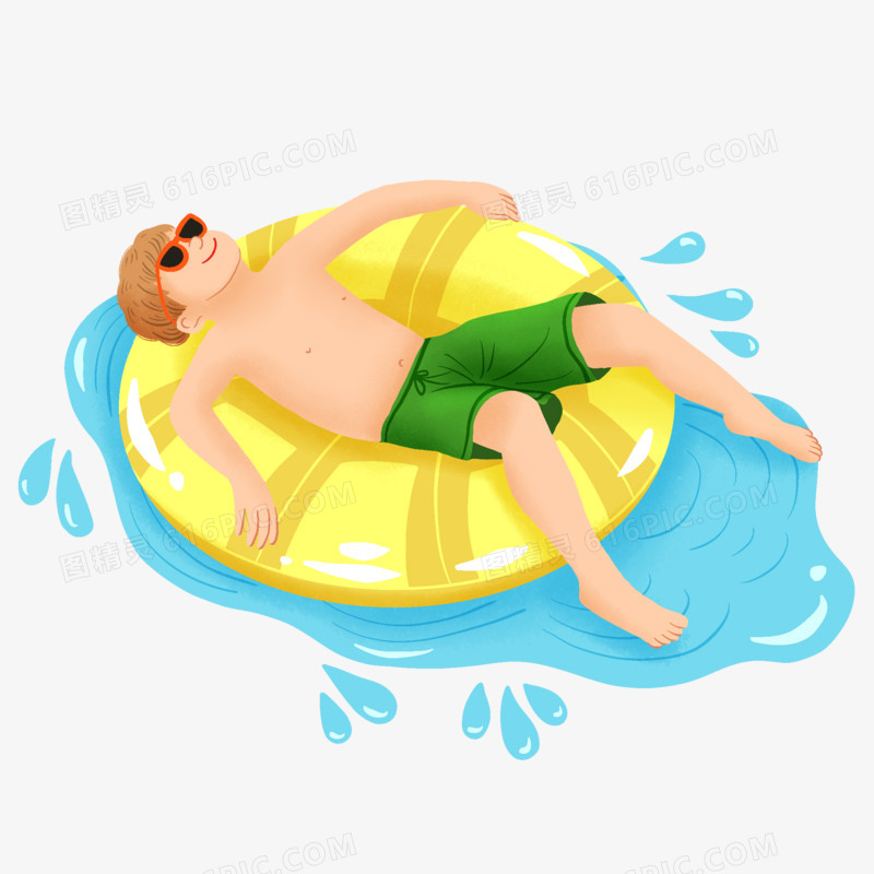 卡通手绘男孩惬意的躺在游泳圈上免抠素材