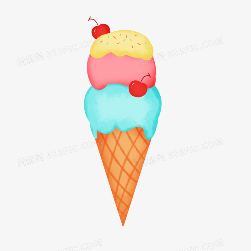 手绘卡通双层樱桃冰淇淋免抠素材