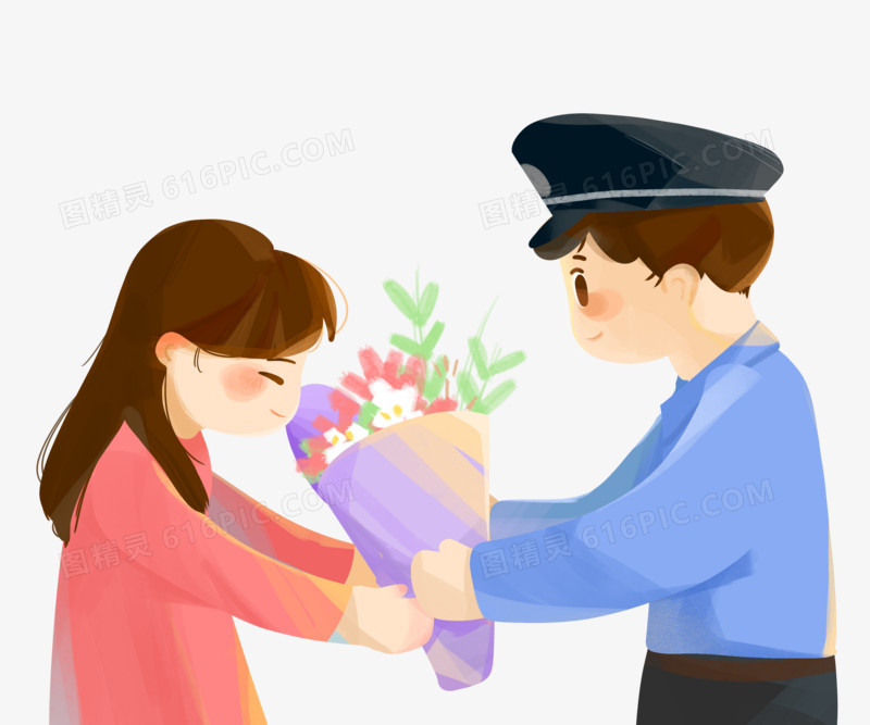手绘插画女孩鲜花给警察场景免抠素材