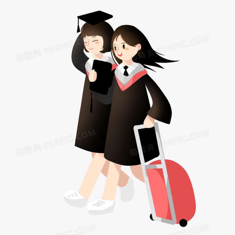手绘插画两个女孩穿学士服旅行免抠素材
