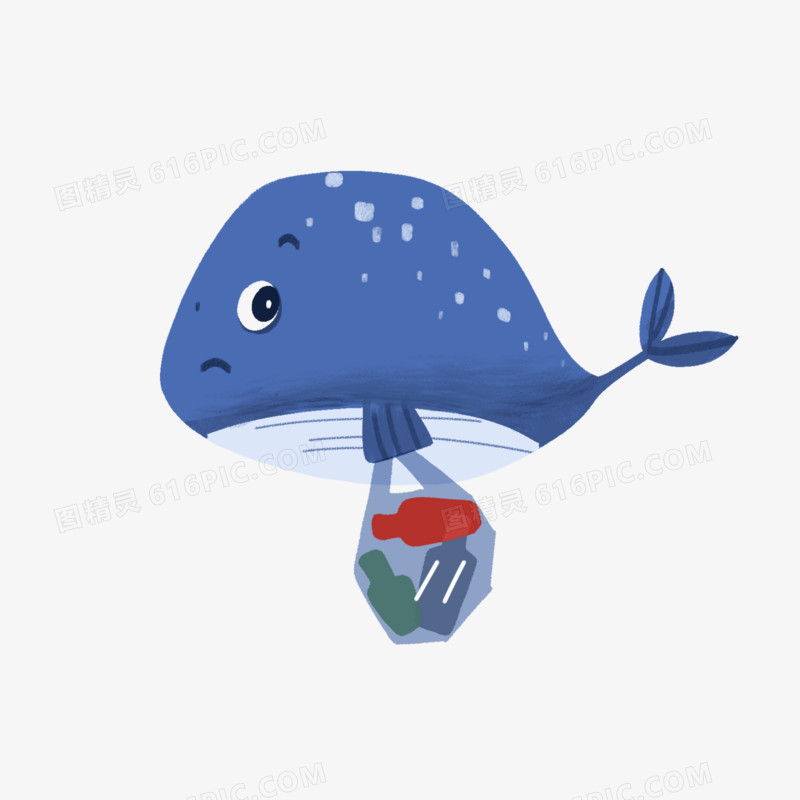 卡通手绘创意小海豚捡垃圾瓶免抠元素