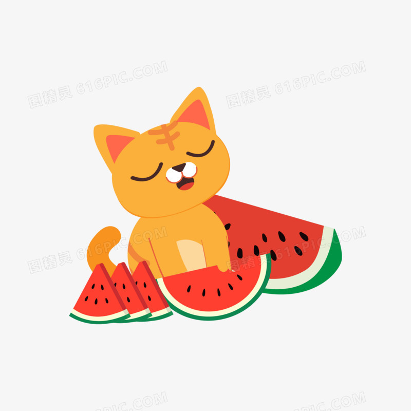 卡通手绘猫咪吃西瓜免抠元素