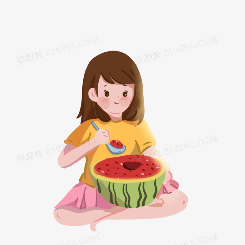 卡通手绘小女孩吃西瓜免抠元素