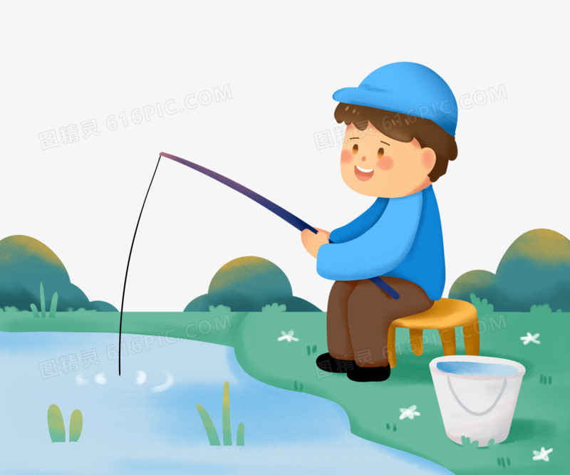 手绘卡通男孩在河边钓鱼素材