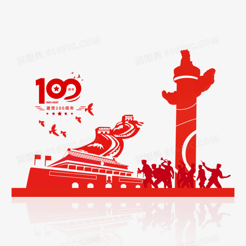 红色剪影建党100周年合成元素
