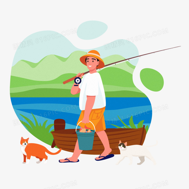 手绘男孩夏季野外钓鱼元素