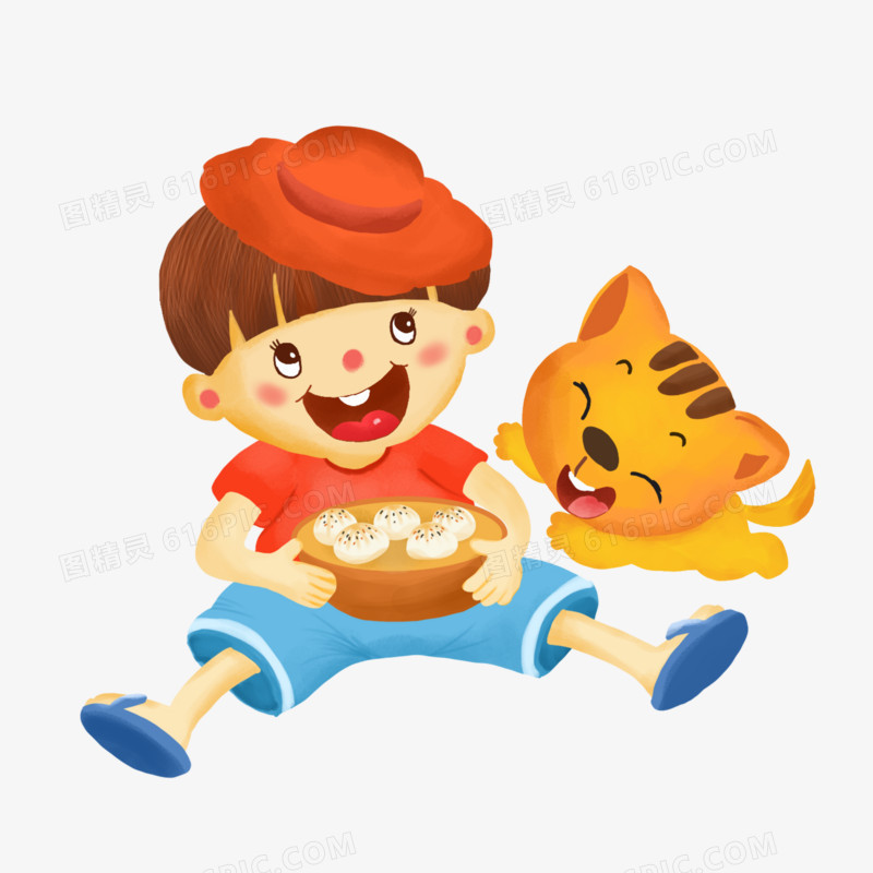 卡通吃货小男孩与小猫咪元素