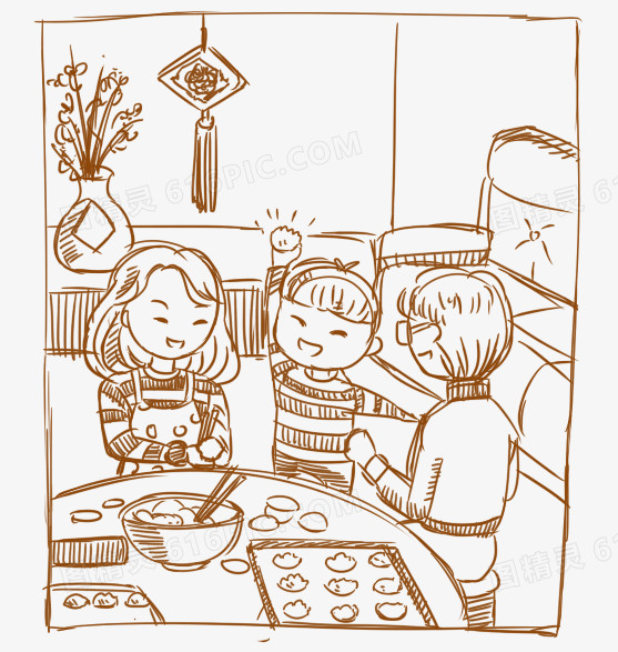 人物插画卡通人物插画人物一家人手绘人物包饺子