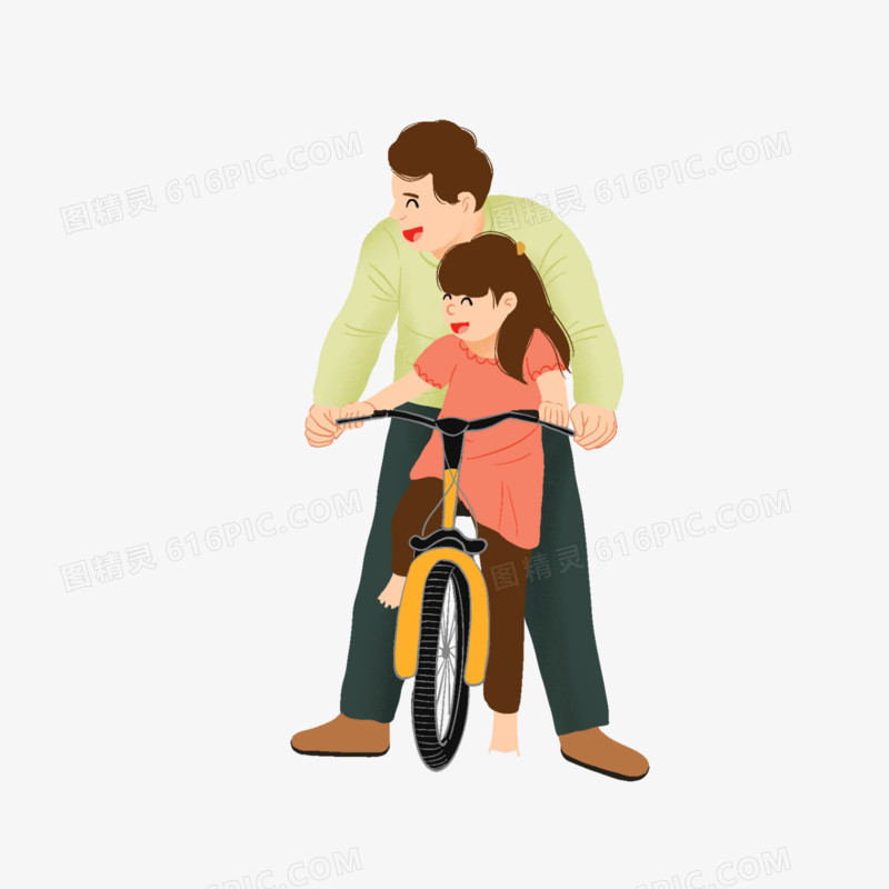 卡通手绘爸爸教女儿骑自行车免抠元素