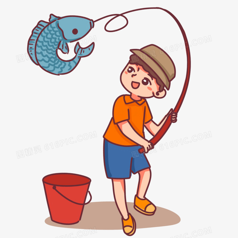 手绘卡通夏季儿童钓鱼免抠素材