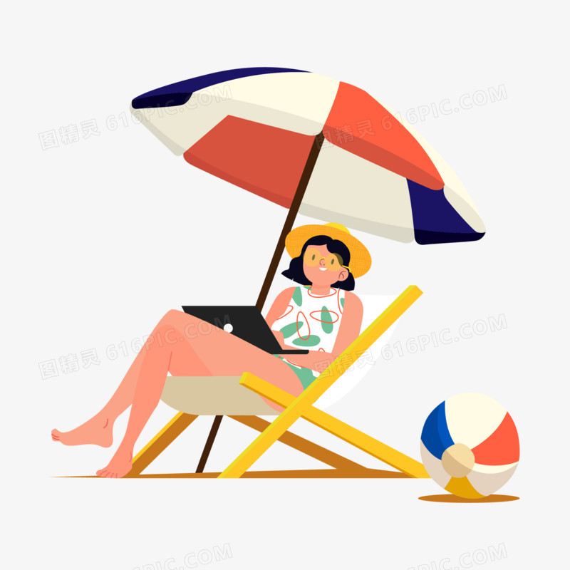 卡通手绘女孩做沙滩椅看电脑免抠元素