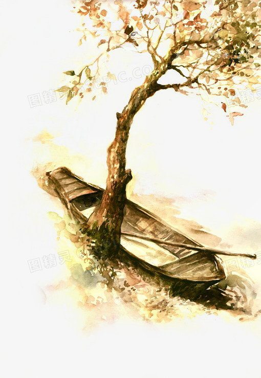 精美中国风水墨风格水面船树