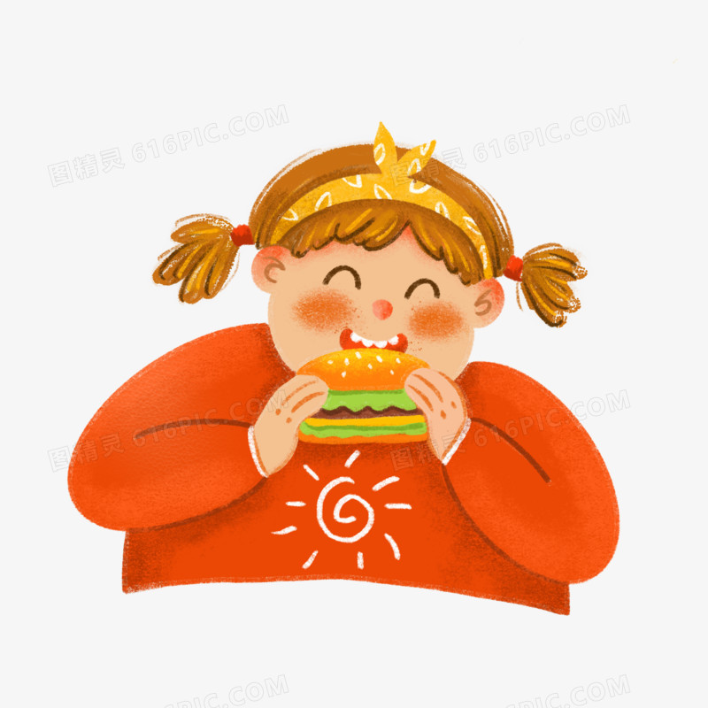 卡通手绘吃汉堡的女孩子免抠元素