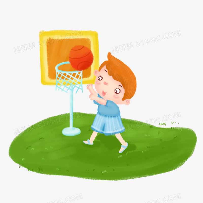 卡通手绘小男孩户外运动打篮球免抠元素