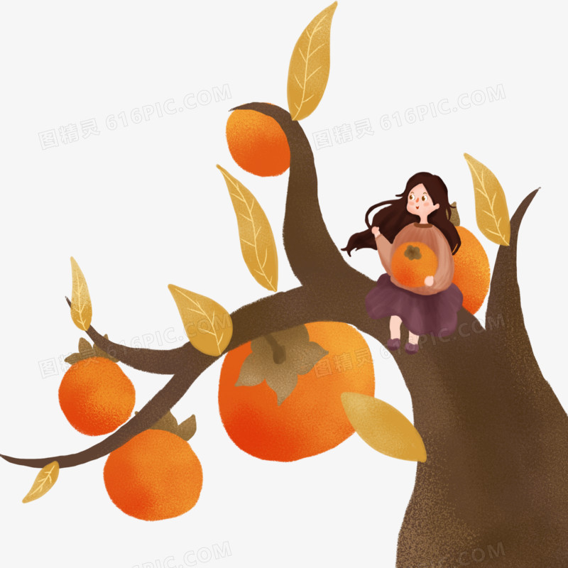 手绘唯美插画风女孩坐在柿子树上免抠元素