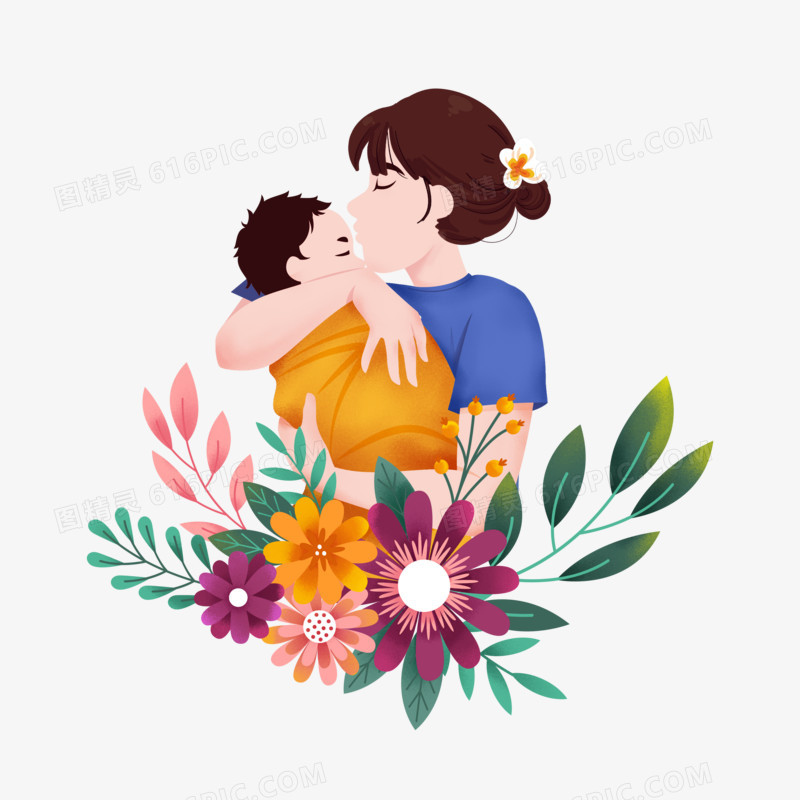 手绘卡通妈妈抱着婴儿免抠元素