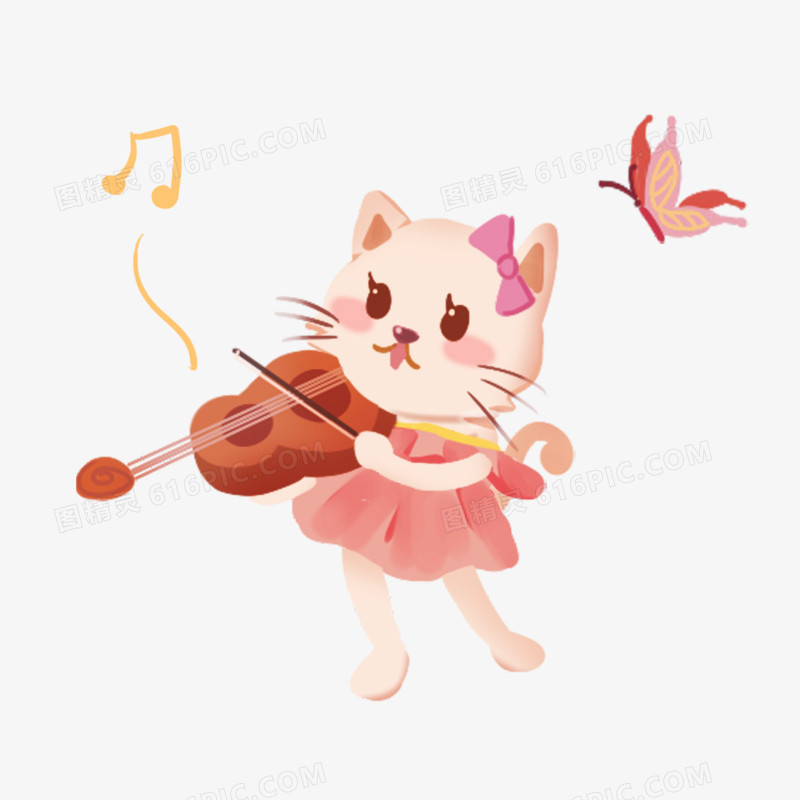 手绘卡通创意小猫拉小提琴表演免抠素材