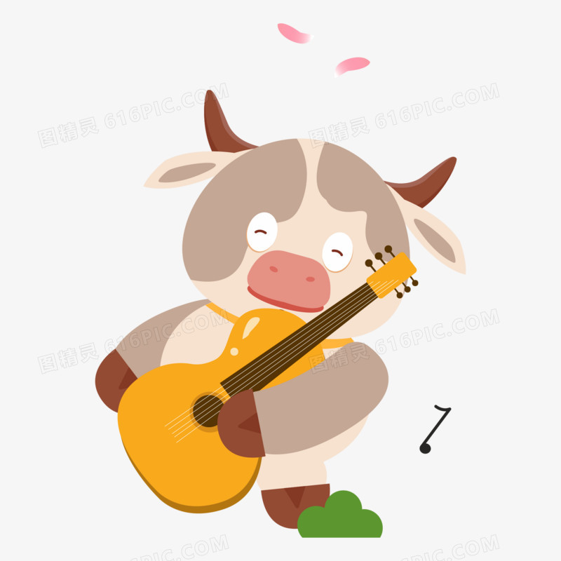 卡通手绘弹吉他的牛牛免抠素材
