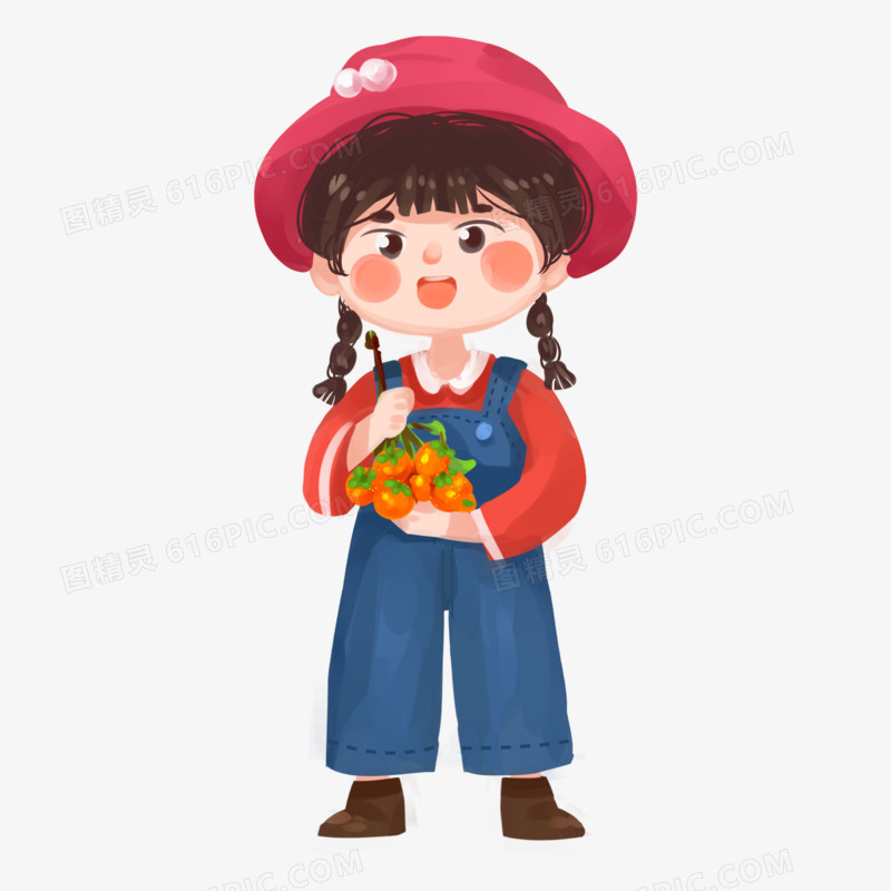 卡通手绘女孩拿着一捆果子免抠元素