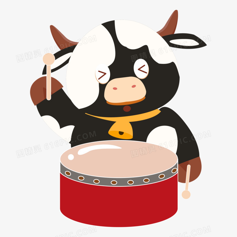 卡通手绘敲鼓的牛牛免抠素材