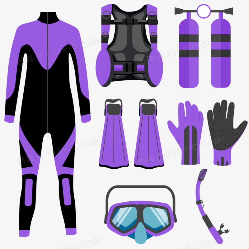 一组紫色手绘潜水用品合集元素