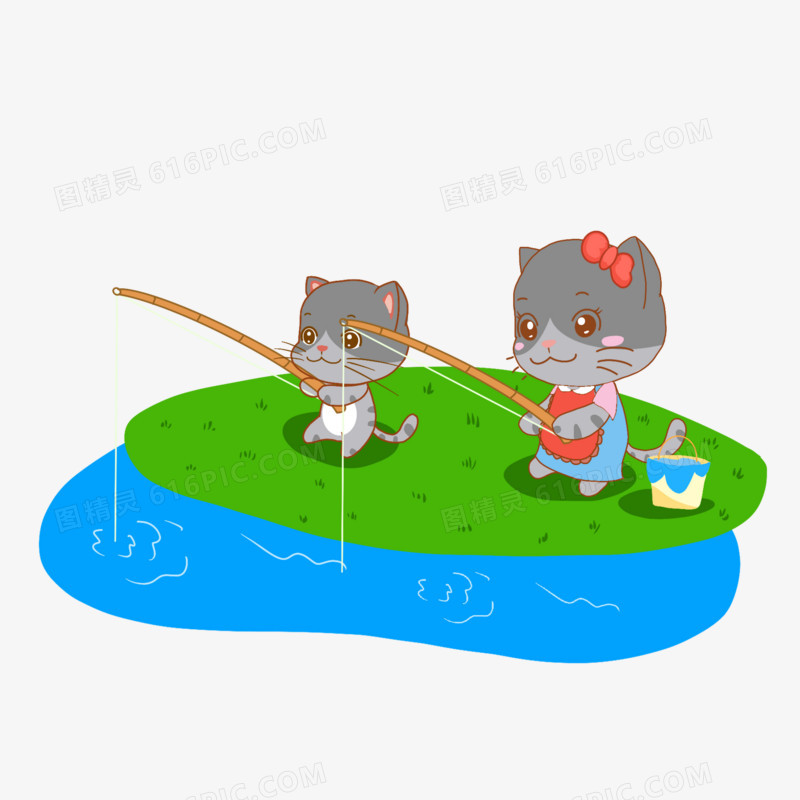 卡通猫妈妈教小猫钓鱼免抠元素