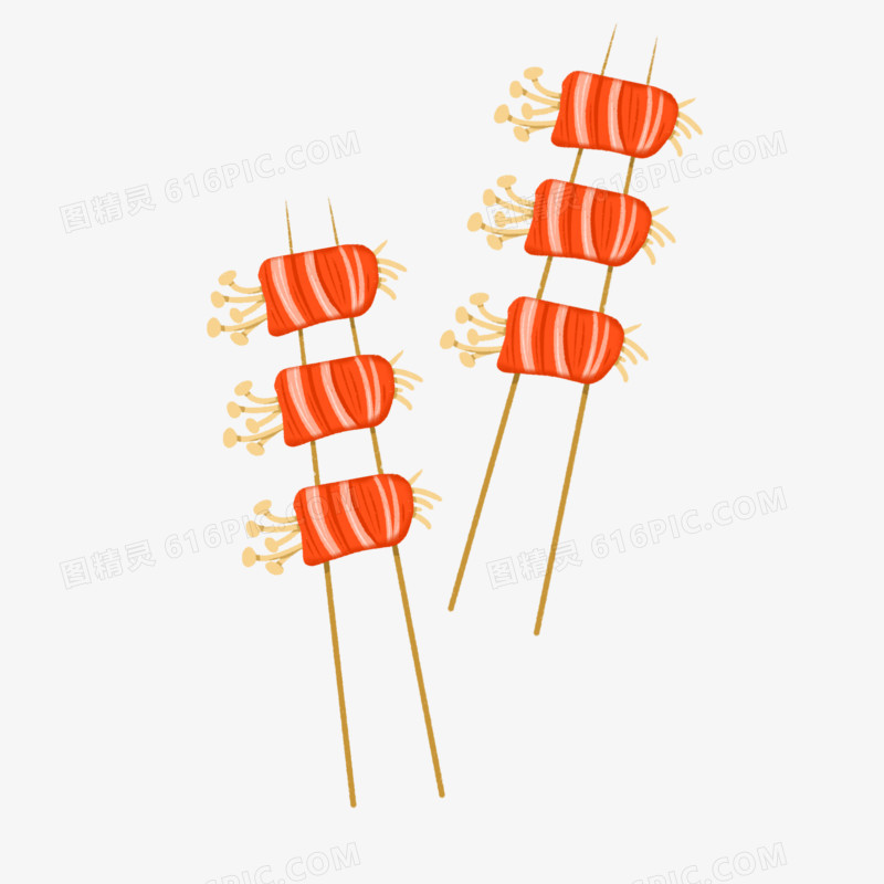 手绘烧烤烤串培根金针菇免抠元素