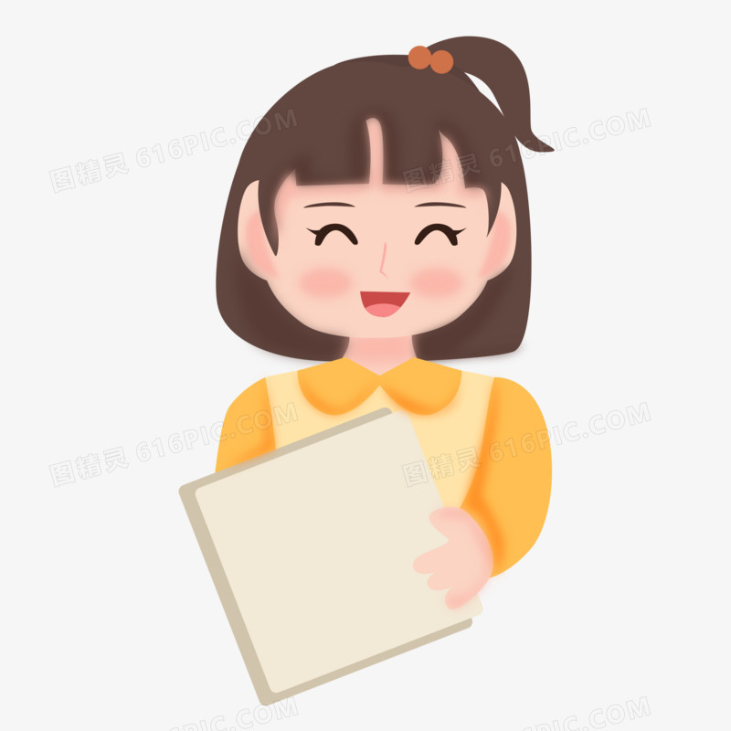 手绘卡通女孩拿书免抠元素
