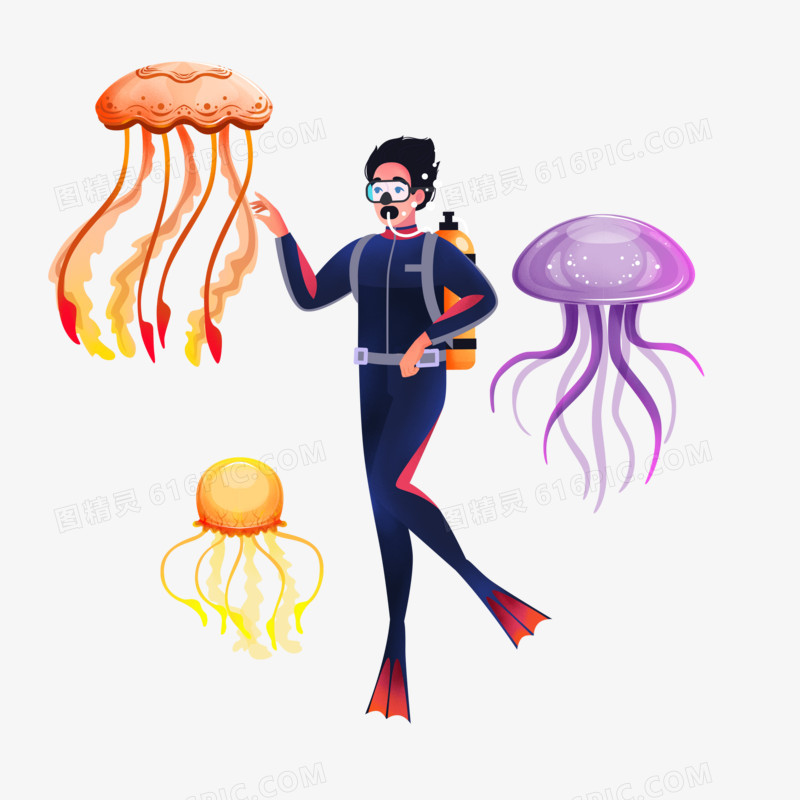 手绘卡通潜水员免抠元素