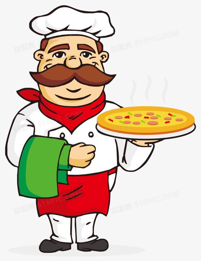 手里端着披萨的大厨等卡通矢量素材