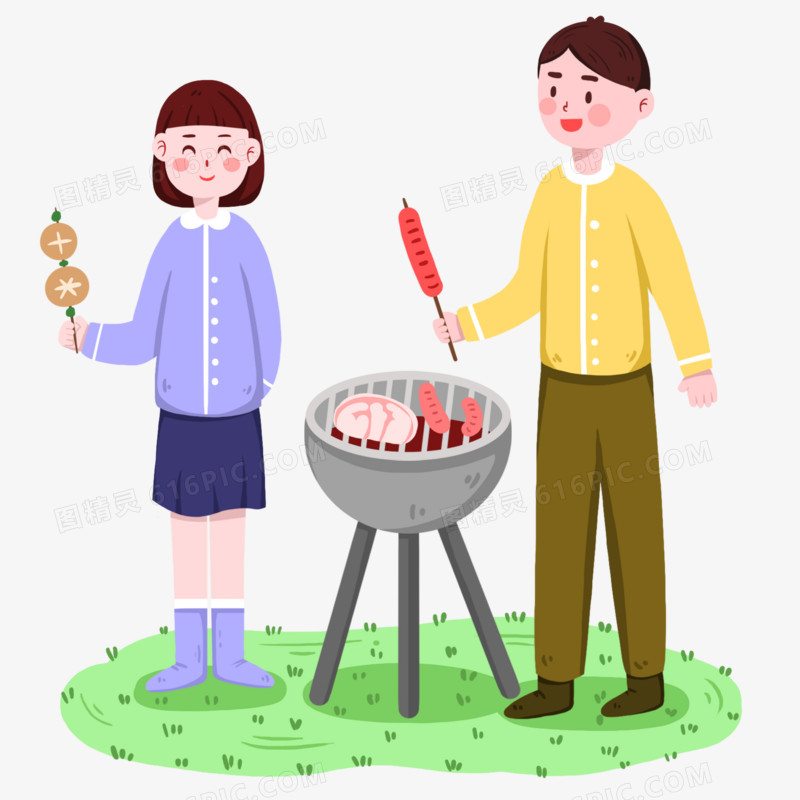 手绘情侣在野外烧烤BBQ免抠素材