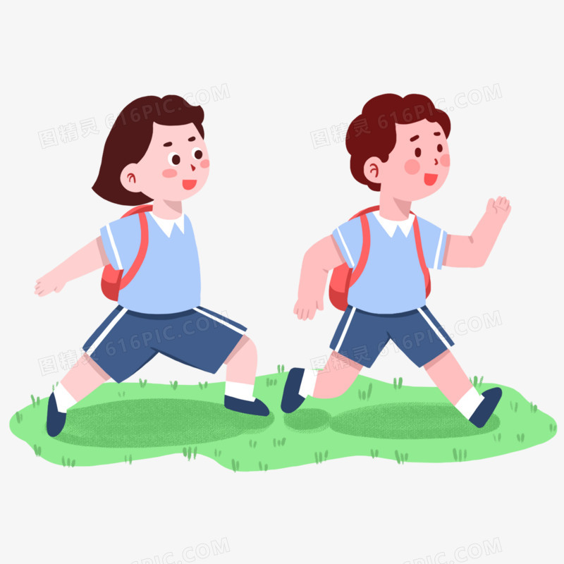 卡通可爱学生开心跑步上学场景素材
