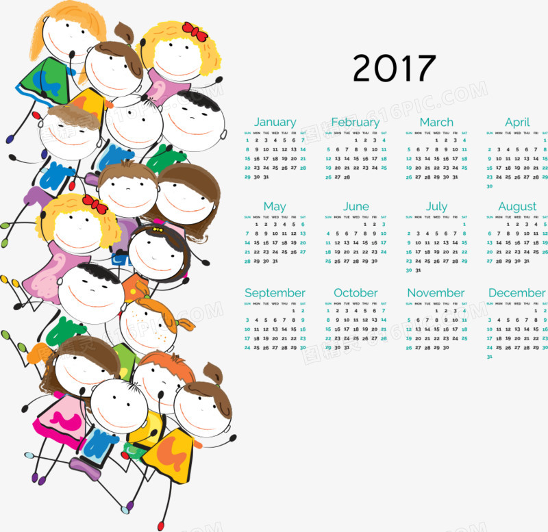 矢量卡通小孩2017年日历